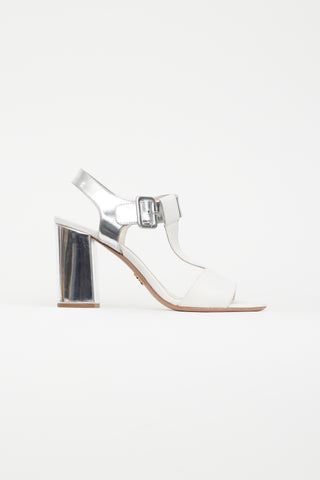 Prada White 
Silver Leather Sandal