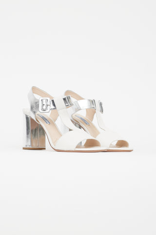 Prada White 
Silver Leather Sandal