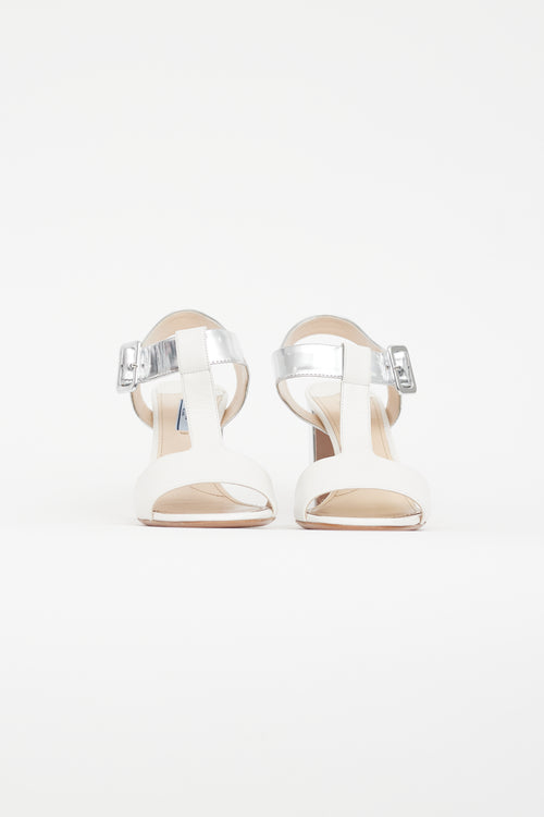 Prada White 
Silver Leather Sandal