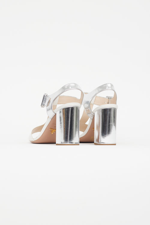 Prada White 
Silver Leather Sandal