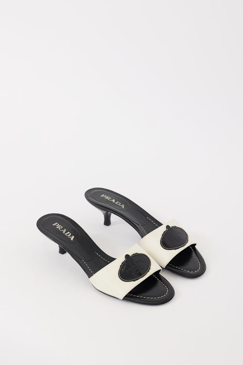 Prada White 
Black Nylon 
Leather Savoia Logo Mule