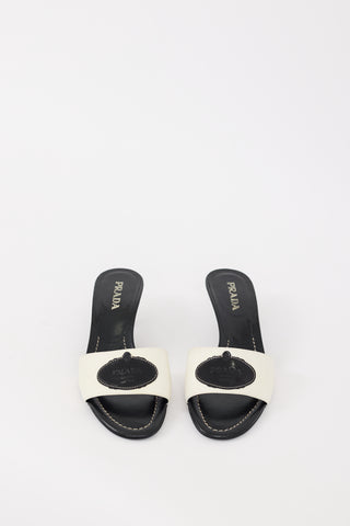 Prada White 
Black Nylon 
Leather Savoia Logo Mule