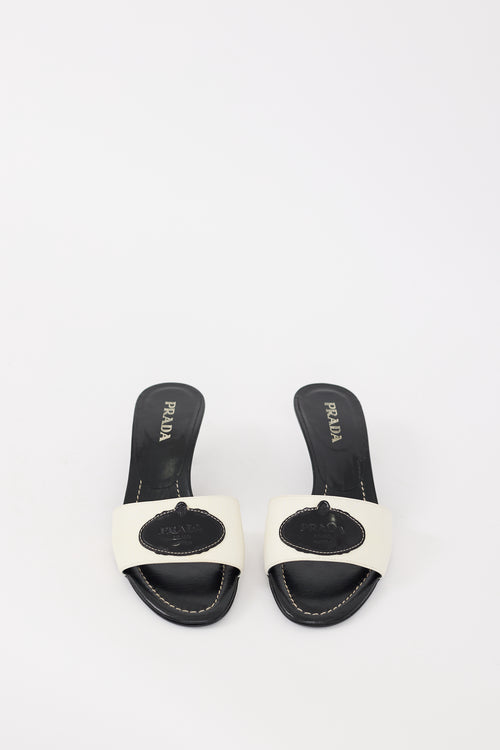 Prada White 
Black Nylon 
Leather Savoia Logo Mule