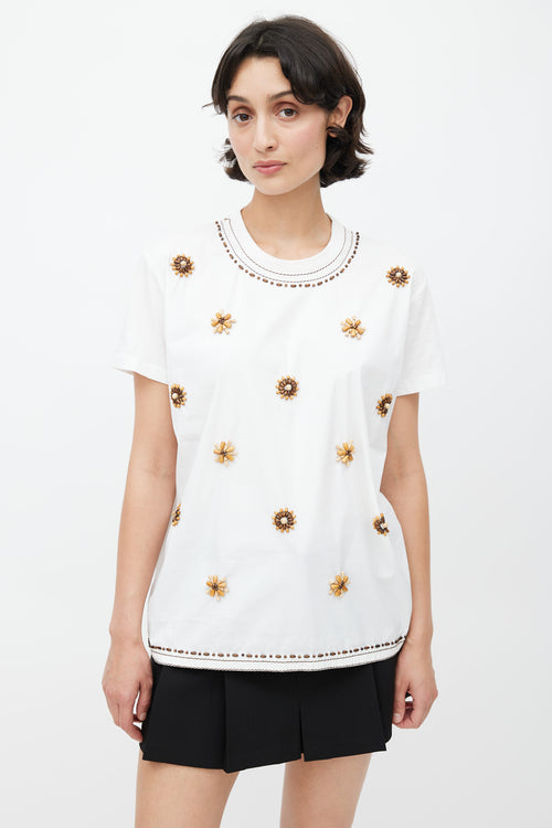 Prada White 
Brown Beaded T-Shirt