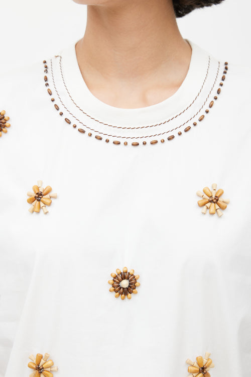 Prada White 
Brown Beaded T-Shirt