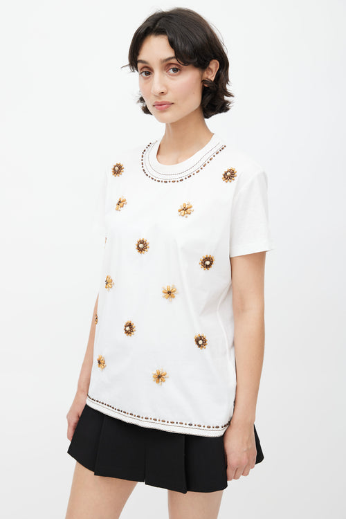 Prada White 
Brown Beaded T-Shirt