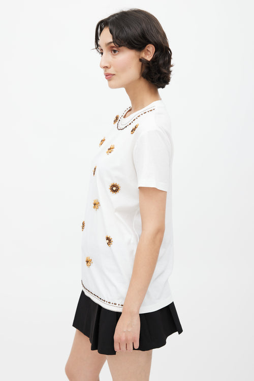 Prada White 
Brown Beaded T-Shirt