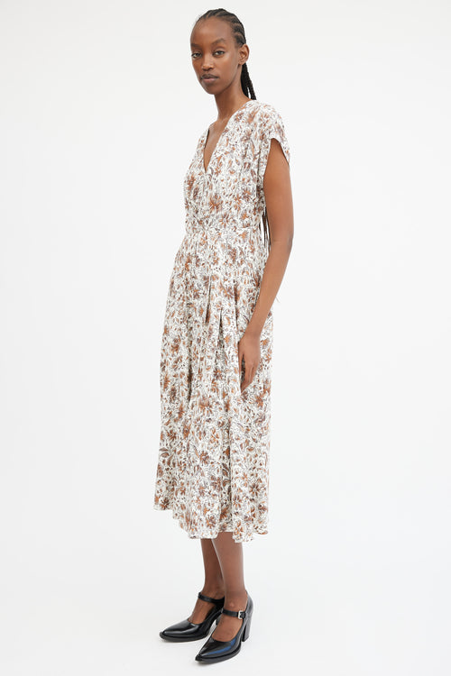 White 
Brown Floral Pleated Maxi Dress