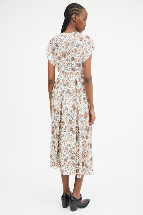 White 
Brown Floral Pleated Maxi Dress