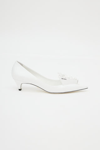 Prada White Floral Applique Leather Heel