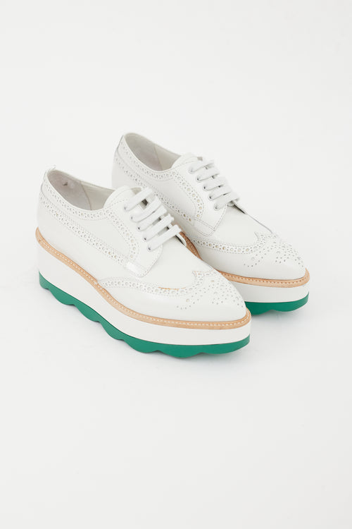 Prada White 
Green Leather Platform Brogue