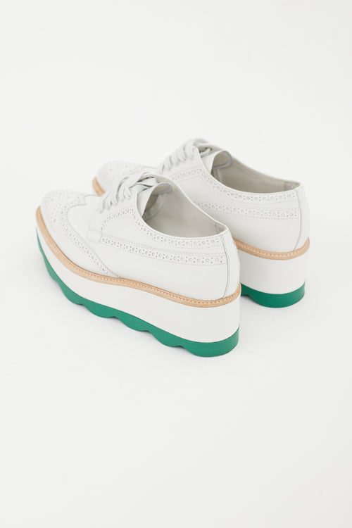 Prada White 
Green Leather Platform Brogue