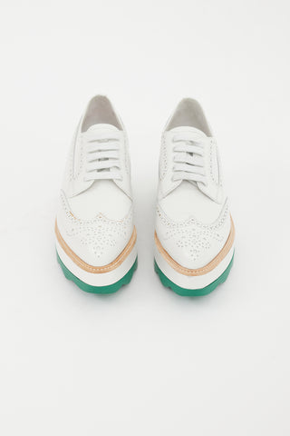 Prada White 
Green Leather Platform Brogue