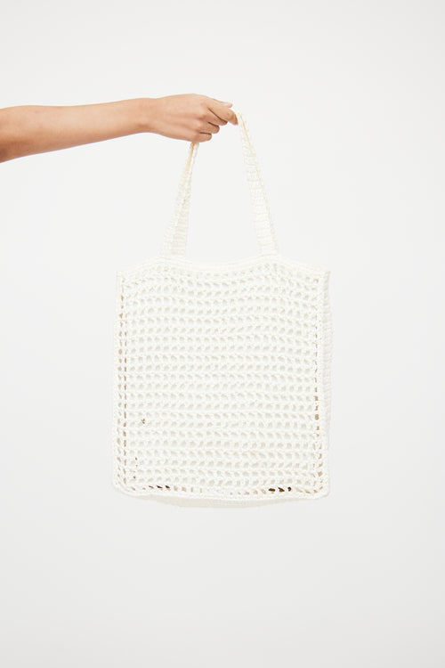 Prada White Raffia Crochet Logo Tote Bag