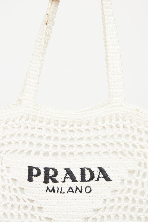 Prada White Raffia Crochet Logo Tote Bag