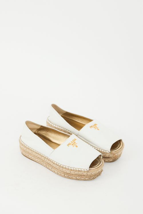 Prada White Leather Peep Toe Platform Espadrille