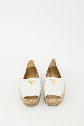 Prada White Leather Peep Toe Platform Espadrille