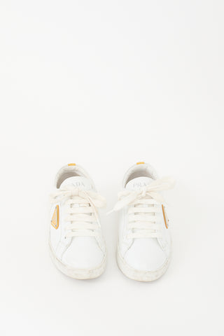 Prada White Leather 
Yellow Plaque Logo Sneaker