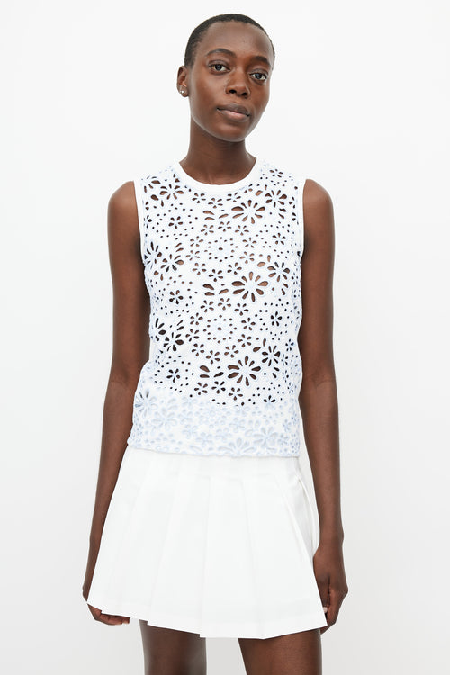 Prada White 
Blue Floral Eyelet Top