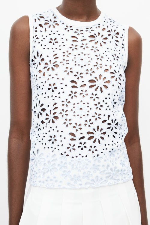 Prada White 
Blue Floral Eyelet Top