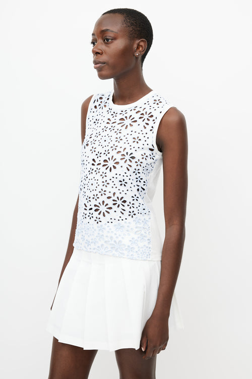 Prada White 
Blue Floral Eyelet Top