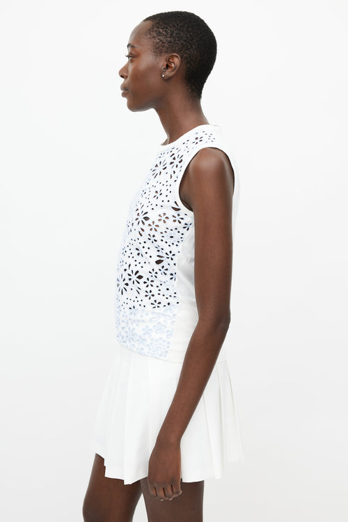 Prada White 
Blue Floral Eyelet Top