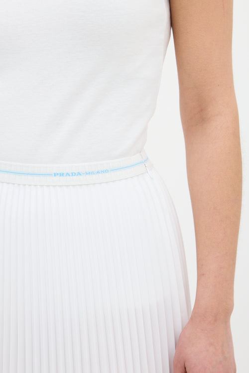 Prada White Logo Waist Pleated Midi Skirt