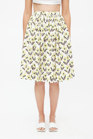 Prada White 
Multicolour Floral Pleated Skirt