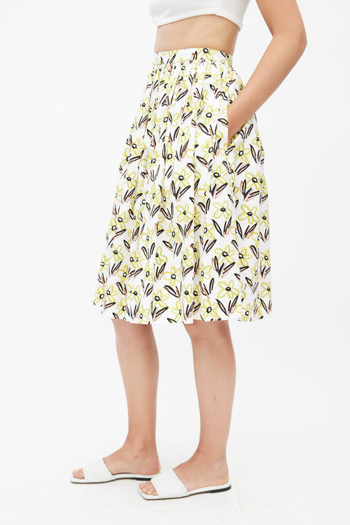 Prada White 
Multicolour Floral Pleated Skirt