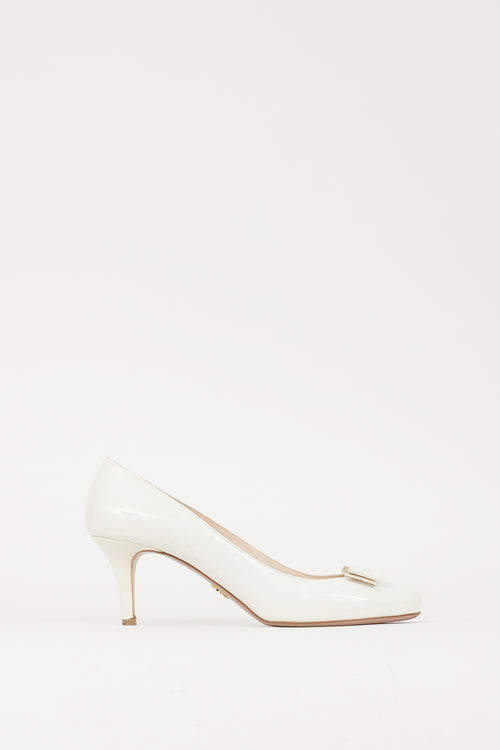 Prada White Patent Leather Plaque Bow Pump