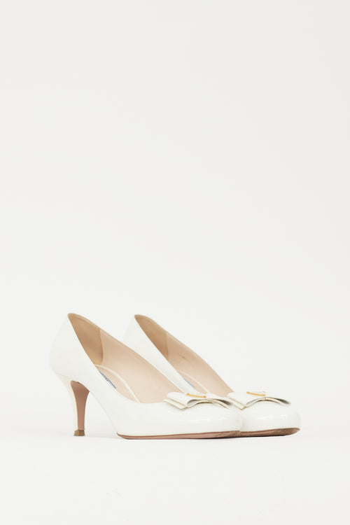 Prada White Patent Leather Plaque Bow Pump