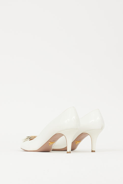 Prada White Patent Leather Plaque Bow Pump