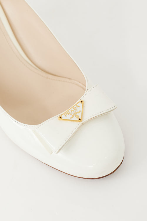 Prada White Patent Leather Plaque Bow Pump