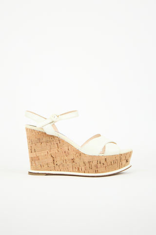 Prada Cream Patent Cork Wedge Sandal