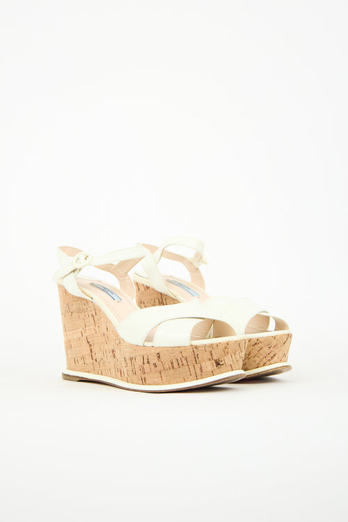 Prada Cream Patent Cork Wedge Sandal