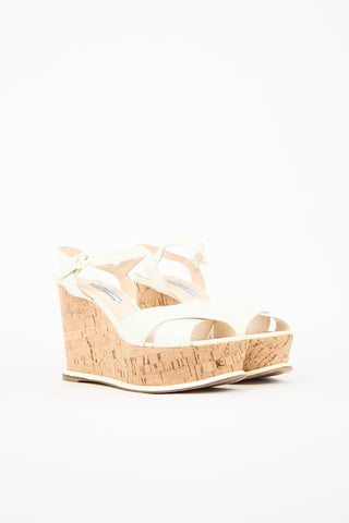 Prada Cream Patent Cork Wedge Sandal