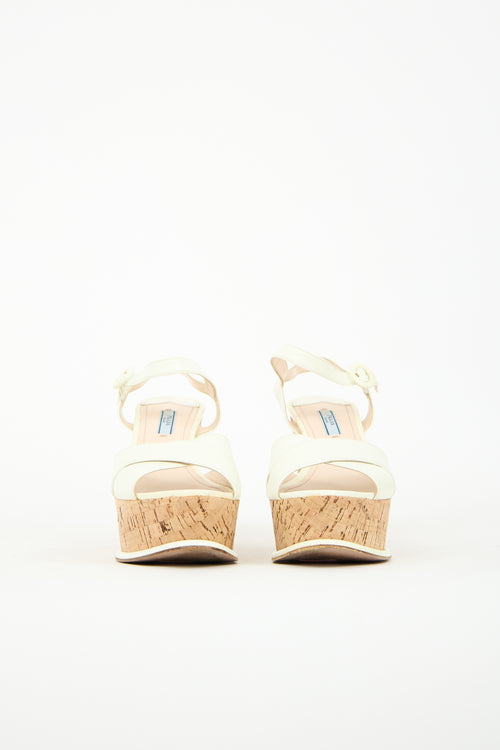 Prada Cream Patent Cork Wedge Sandal