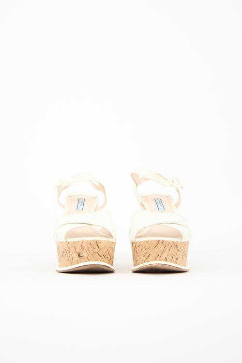 Prada Cream Patent Cork Wedge Sandal