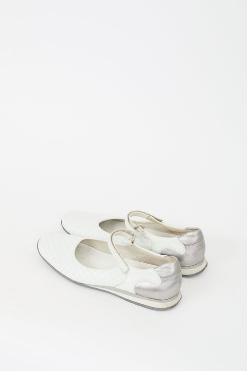 Prada White 
Silver Leather Quilted Flat