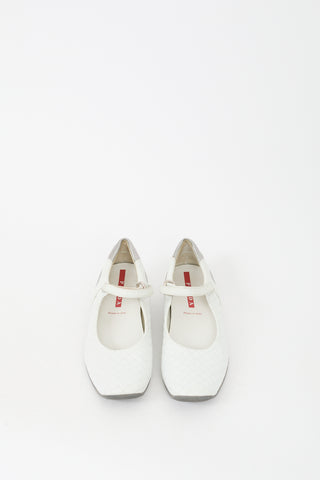 Prada White 
Silver Leather Quilted Flat