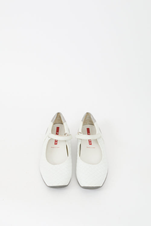 Prada White 
Silver Leather Quilted Flat