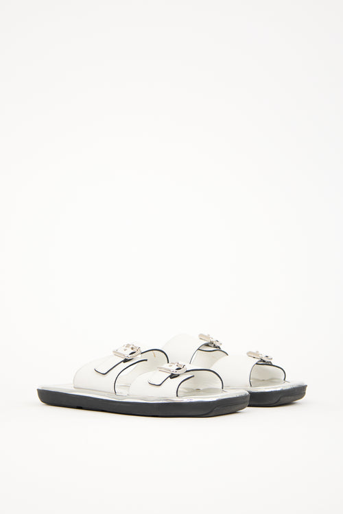 Prada White 
Silver Leather Sandal