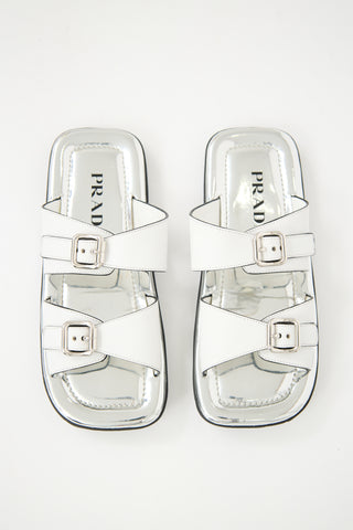 Prada White 
Silver Leather Sandal