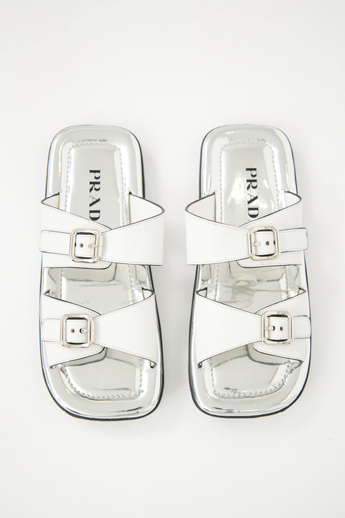 Prada White 
Silver Leather Sandal