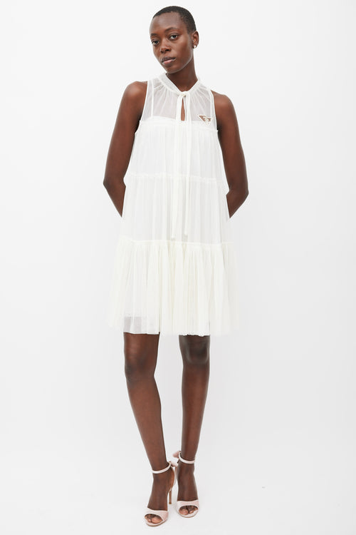 Prada White Tiered Mesh Logo Dress