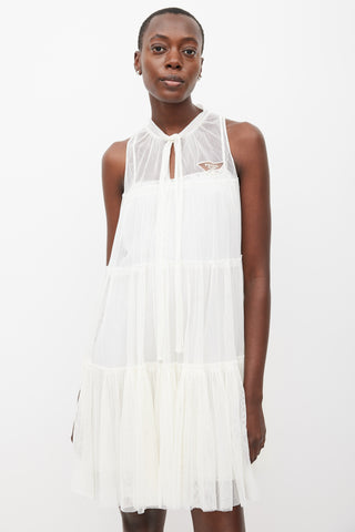 Prada White Tiered Mesh Logo Dress