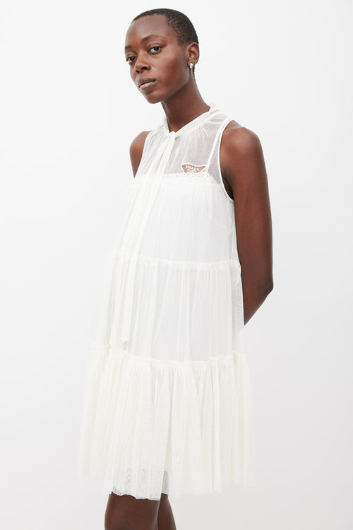 Prada White Tiered Mesh Logo Dress