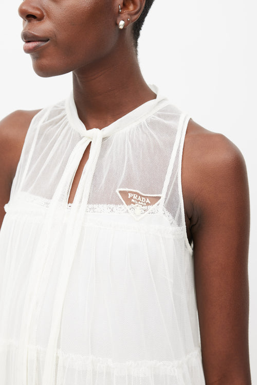 Prada White Tiered Mesh Logo Dress