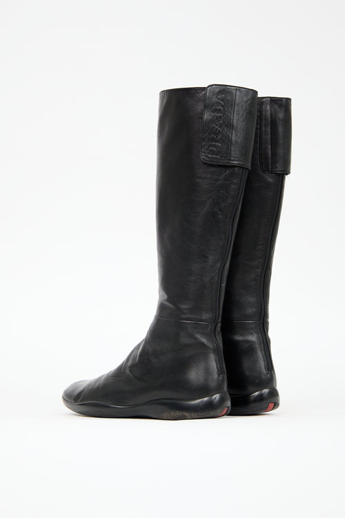 Prada Sport Black Leather Riding Boot