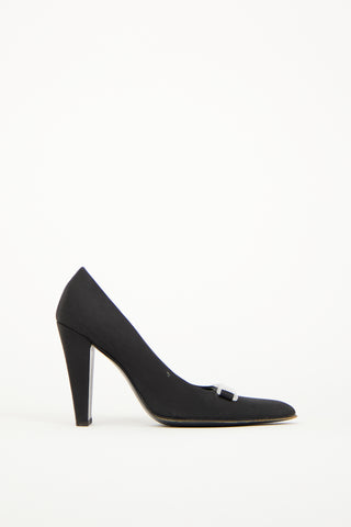 Prada Black Satin Logo Buckle Heel